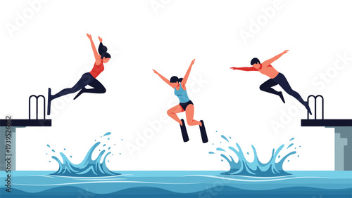Three people in athletic wear jumping from high platforms into a pool showing active movement and large water splashes.