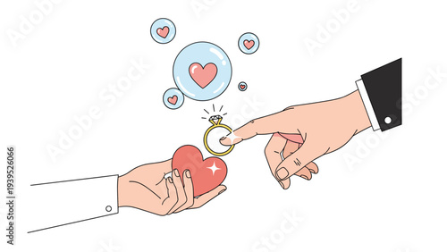 Romantic scene showing two hands reaching towards each other with an engagement ring and heart symbols in bubbles.