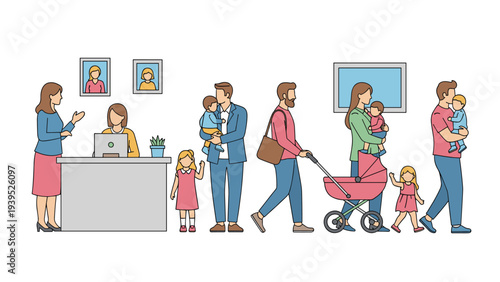 Scenes of families and individuals waiting in line at a reception desk with strollers and young children for service.