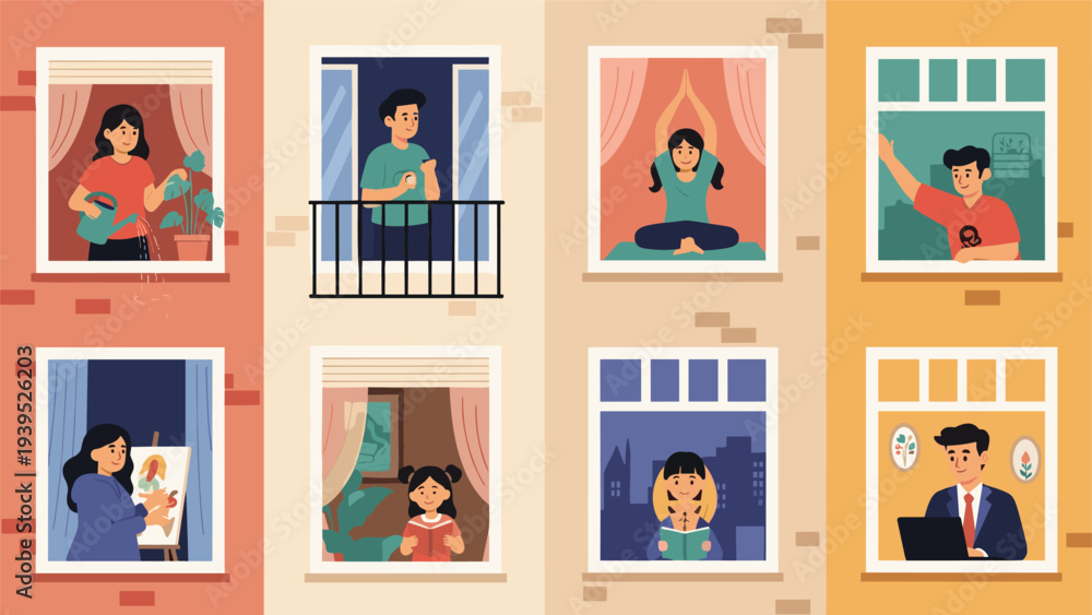 Fototapeta premium Colorful illustration of an apartment building facade showing various neighbors engaged in activities like painting, reading, and yoga.