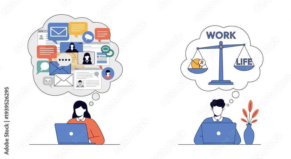 Fototapeta premium Work-Life Balance & Digital Overload: People Juggling Modern Workplace Demands, Email, Messages, and Personal Life on Laptops