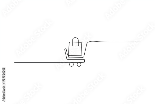 Minimalist one-line art of a paper bag inside a shopping cart. Clean vector illustration representing retail, consumerism, and grocery shopping.