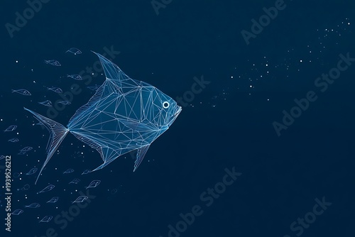 Stunning geometric fish swimming with school in dark blue ocean