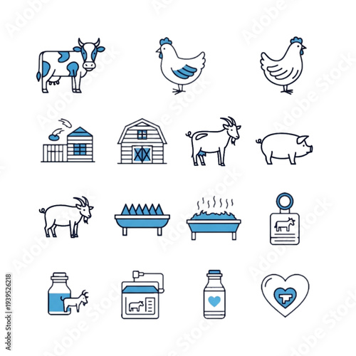 A collection of blue and white line art icons representing various farm animals, agricultural buildings, and related products.