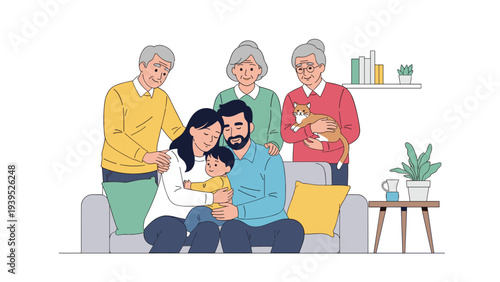 Warm illustration of a multi-generational family including grandparents, parents, and a child with their pet cat in a living room.