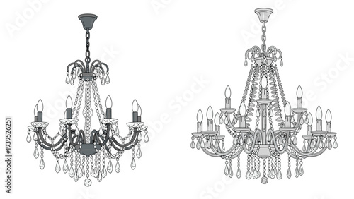 Pair of ornate crystal chandeliers with multiple lights and hanging prisms, one in dark gray and one in light silver tones.