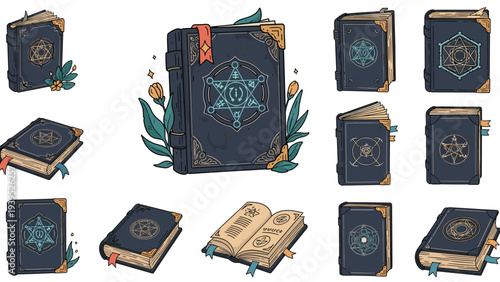 Collection of ancient magic spell books with mystical symbols on the covers, some open to reveal occult diagrams and text.