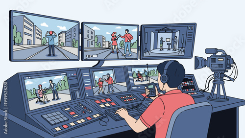 Professional news broadcast control room with an operator managing multiple screens showing live feeds and studio scenes.