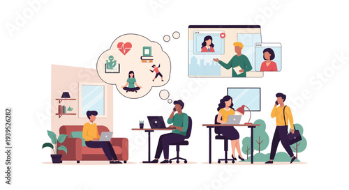 Modern Work-Life Balance: People Working Remotely, Collaborating Online, and Prioritizing Well-being. Flexible Office and Home Productivity, Digital Lifestyle