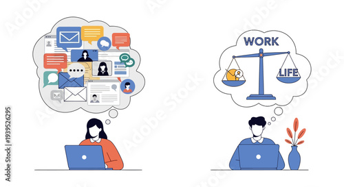 Work-Life Balance & Digital Overload: People Juggling Modern Workplace Demands, Email, Messages, and Personal Life on Laptops