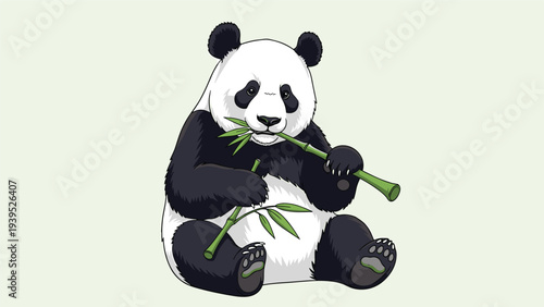 Cute giant panda sitting and contentedly munching on green bamboo stalks, set against a soft pale green background.