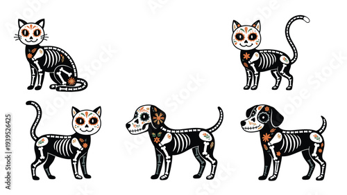Skeleton cats and dogs decorated with flowers and patterns for the Day of the Dead or Dia de los Muertos celebration.
