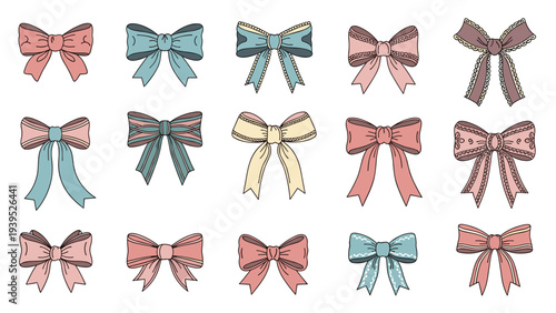 Large collection of colorful decorative ribbons and bows in various patterns, fabrics, and colors like pink, blue, and cream.