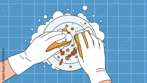 Overhead view of hands in gloves scrubbing a dirty plate with sponges and soap bubbles over a blue tiled surface.