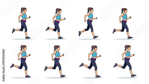 Animation frames of a woman in sportswear running, showing the complete sequence of motion for exercise and fitness themes.