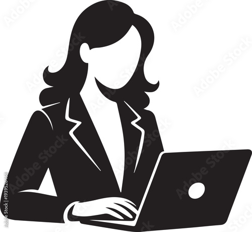 Minimalist Professional Female Entrepreneur Using Laptop Icon Design