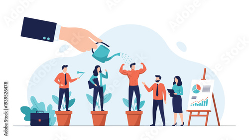 Conceptual illustration of business coaching where a large hand waters employees in pots, helping them grow and get stronger.