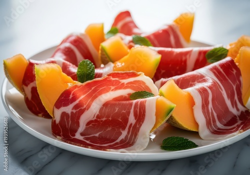 Delicious prosciutto wrapped melon slices on a plate with fresh mint leaves on marble surface