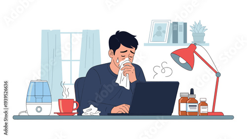 Man suffering from the flu working at his desk with a laptop, using tissues and surrounded by medicine bottles and a humidifier.