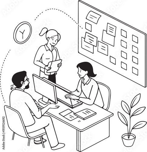 A funny cartoon illustration of a man and woman sharing a humorous gag during a business meeting in the office