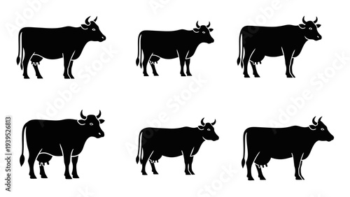 Group of Cows Standing Together Silhouette.