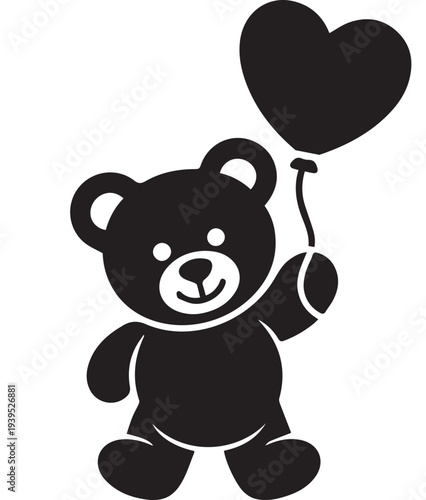 Minimalist Teddy Bear Holding Love Balloon Icon Isolated on White Background