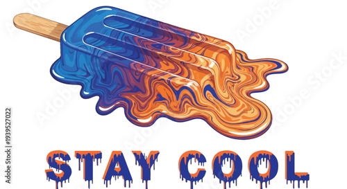 A creative digital art piece featuring a frozen popsicle treat undergoing a surreal melting process, characterized by a vibrant liquid marble or fluid acrylic pour texture