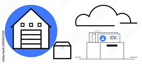 Storage concept. Storage through a warehouse, cloud icon, and CV management box. Storage solutions for physical goods, cloud services, HR systems, file organization, and logistics