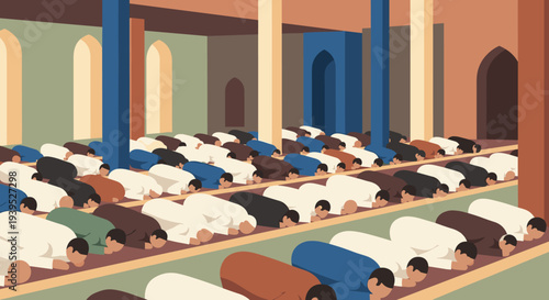 Ramadan Kareem Night Illustration with Mosque, Lanterns, Crescent Moon and Iftar Dates