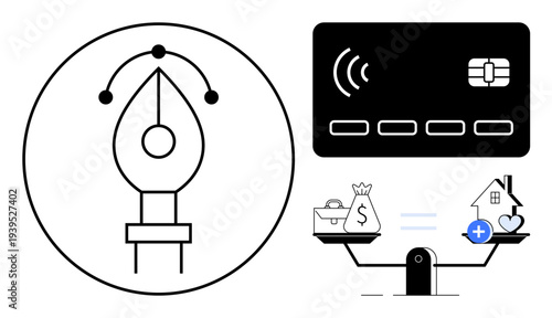 Financial decision concept. Balancing money, home, and lifestyle choices s financial stability. Financial decision impacts budgeting and investments in everyday life. For fintech, design, economy