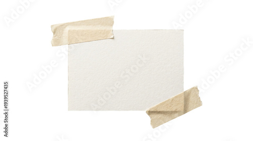 Foto Blank white paper note card mockup with torn masking tape pieces on white backgr