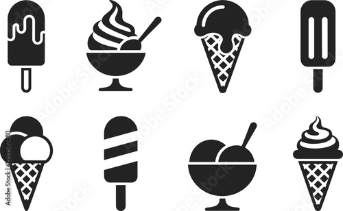 Ice cream dessert icon set featuring popsicles cones sundae bowls soft serve frozen treats for food menu design vector