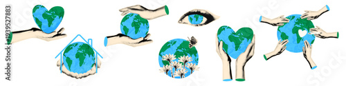 Earth day cut out elements set for collage. Halftone hands holding paper Earth globe Save planet, ecology and environment, protect nature concept Modern retro mixed media vector illustration isolated