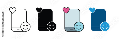 Smartphone with heart and smiley icon set. Social media engagement and mobile customer satisfaction symbol. Vector Illustration.