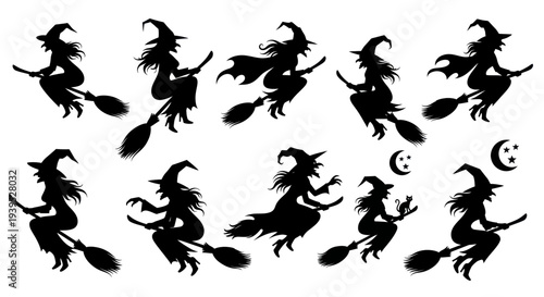 Witch Silhouettes Collection: Flying Witches, Broomsticks, Black Cat, Moon & Stars