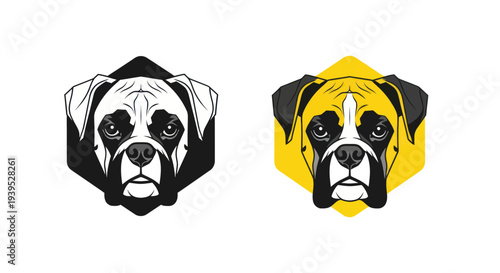 Boxer Dog Head Logo Icon - Black and White & Yellow
