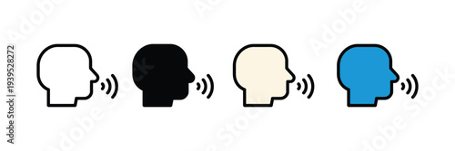 Human head with voice waves icon set. Speech recognition and verbal communication symbol. Vector Illustration.