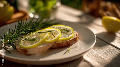 Artisanal lemon and rosemary open-faced sandwich on bright rustic table