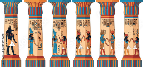 Ancient Egyptian decorated temple columns with hieroglyphs and gods Anubis Isis Ra vector illustration historical architecture set