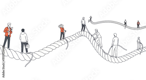 Diverse group of people navigating a challenging rope bridge, symbolizing teamwork and overcoming obstacles.
