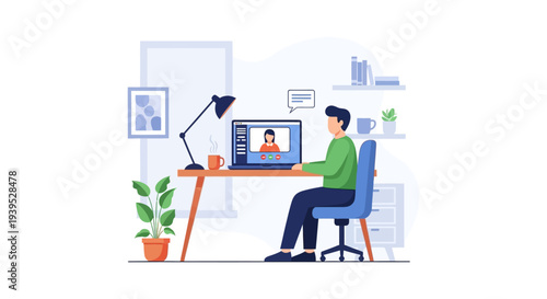 Man on Video Call at Home Office. Remote Work, Online Meeting, Virtual Conference & E-learning. Modern Flat Illustration for Digital Communication