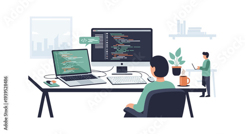 Software Developer Coding on Multiple Screens. Programmer working on web development project in a modern, collaborative tech workspace with laptop and desktop computers.