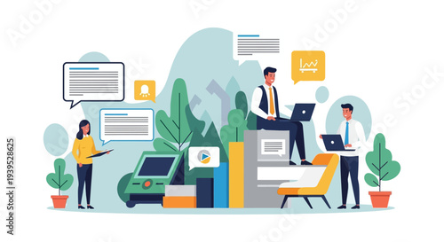 Modern Business Team Collaboration & Digital Strategy: Professionals Working with Laptops, Data Analysis, Communication, & Project Management