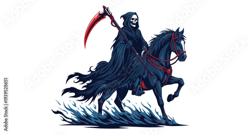 Grim Reaper Riding Horse with Scythe and Flames, Dark Fantasy Illustration