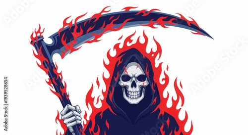 Grim Reaper With Flaming Scythe, Skeleton Figure, Death Symbol