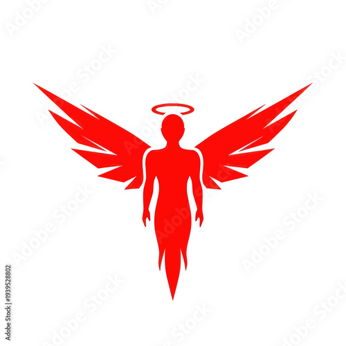 Red Angel Silhouette with Halo and Spreading Wings