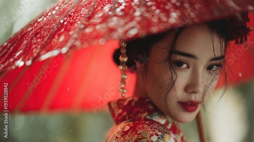 Intimate close-up of a woman with a red umbrella during a rainy day