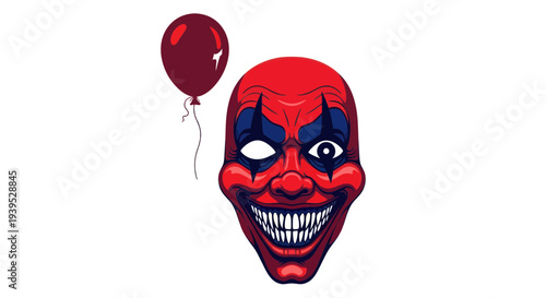 Scary Clown Mask with Red Balloon, Horror Halloween Concept