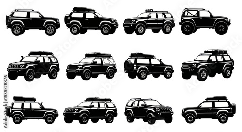 Set of Black SUV Silhouettes with Roof Racks for Off-Road Adventure