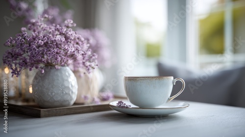Tranquil composition of flowers and a cup of coffee in a serene interior